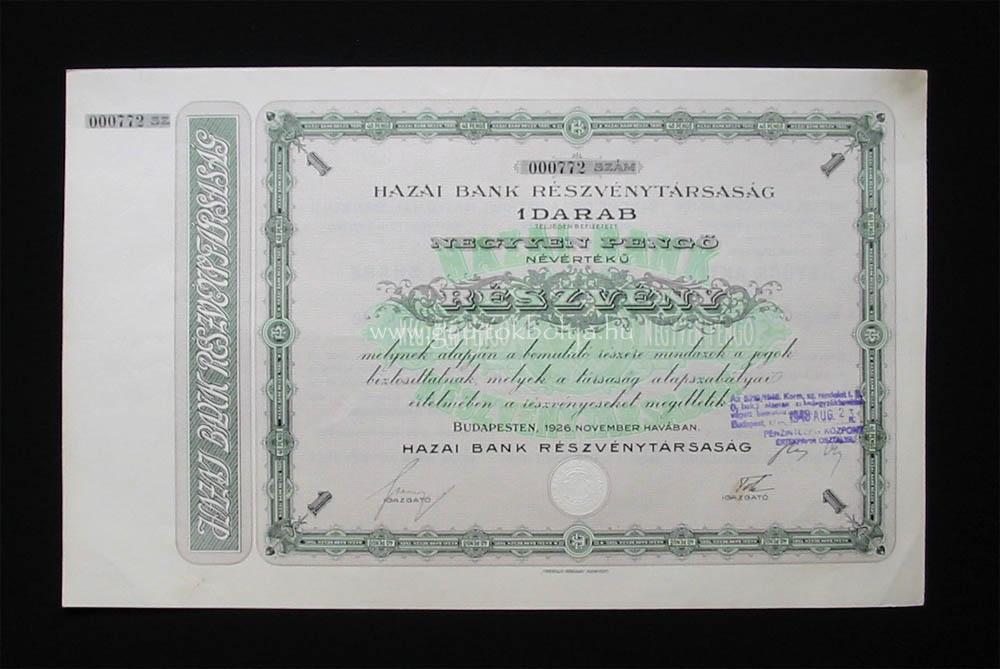 Hazai Bank Rt. részvény 40 pengő 1926